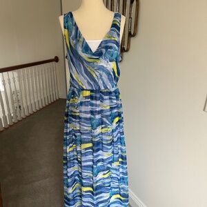 NWOT RELATIVITY MAXI DRESS BLUE WHITE YELLOW BEACH SEMI SHEER WITH SLIP SZ L
